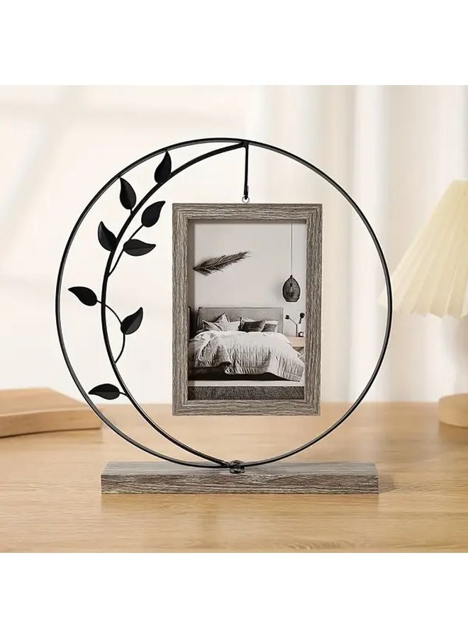 Black Leaves Metal Photo Frame With Wooden Stand Desktop Decor Gift - Image 4